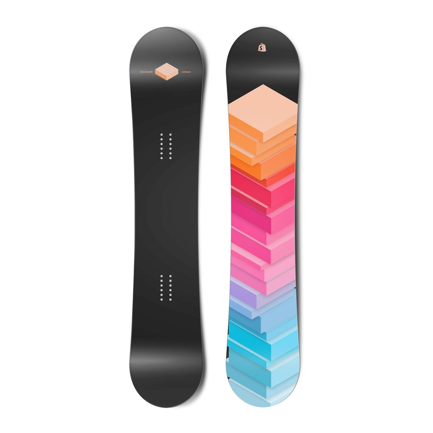 The top view and bottom view of a snowboard. The top view is black with a singular peach cube.
        The bottom view has a graphic of a stack of blocks in a gradient from light blue, to pink to peach.