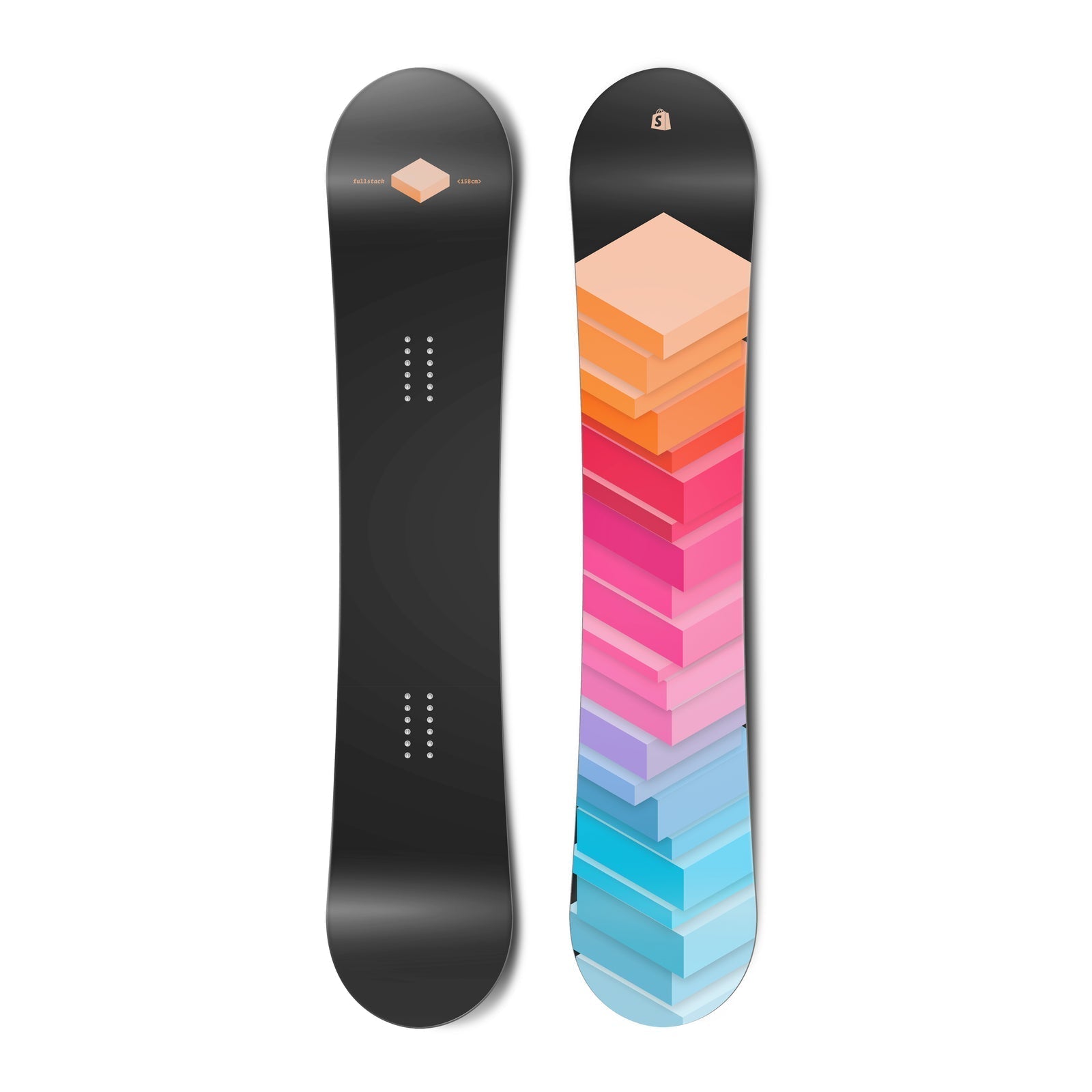 The top view and bottom view of a snowboard. The top view is black with a singular peach cube.
        The bottom view has a graphic of a stack of blocks in a gradient from light blue, to pink to peach.
