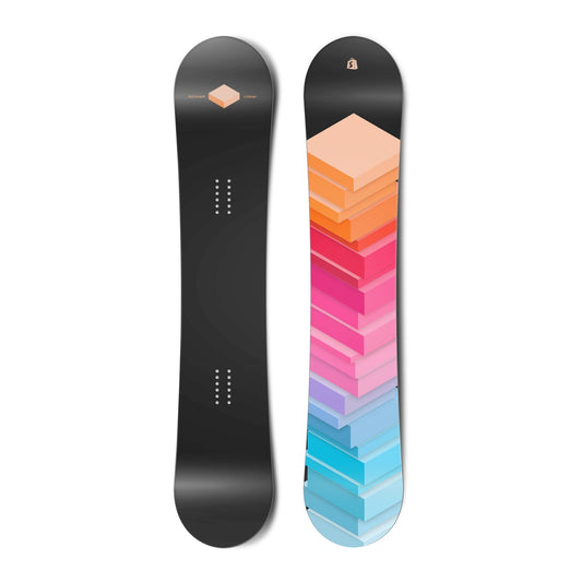 The top view and bottom view of a snowboard. The top view is black with a singular peach cube.
        The bottom view has a graphic of a stack of blocks in a gradient from light blue, to pink to peach.